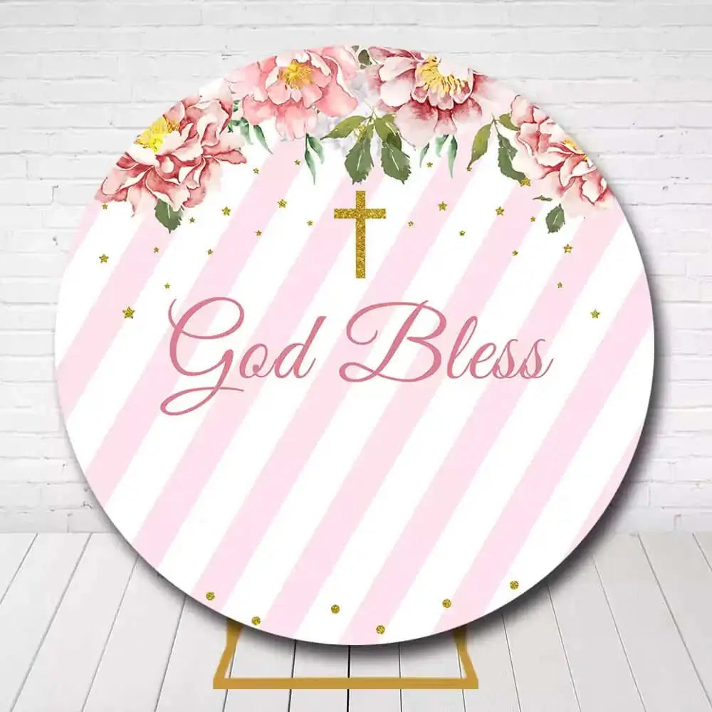 Floral circle backdrop featuring God Bless text for first communion or religious celebration