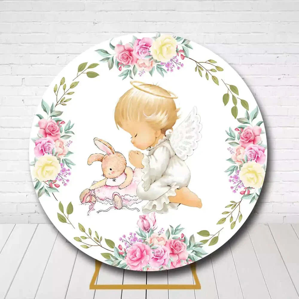 Angel baby and bunny circle backdrop with flowers for christening or baptism