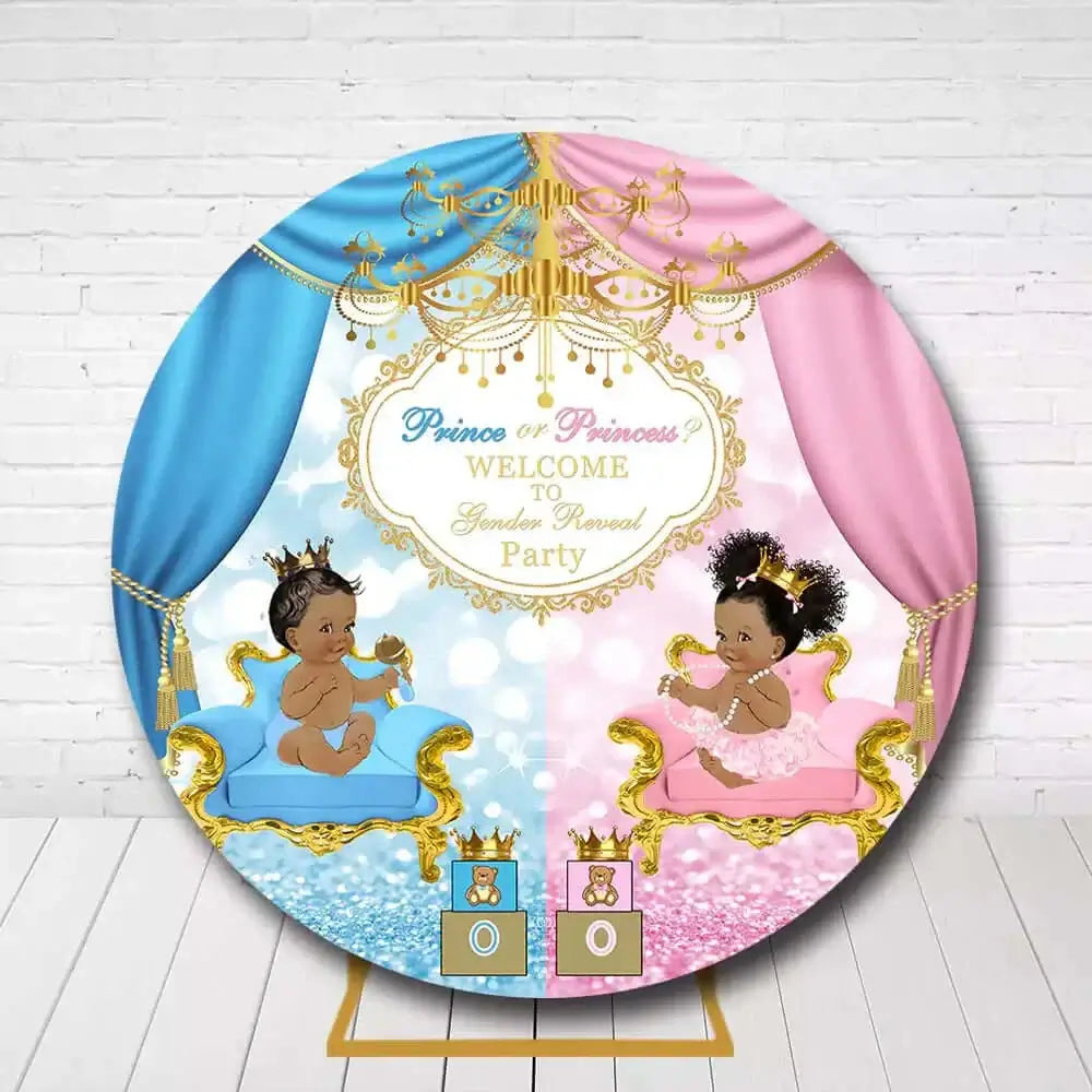 Elegant royal gender reveal backdrop with baby prince and princess on thrones, and "Welcome to Gender Reveal Party" sign