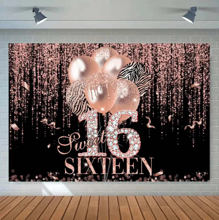 Glitter Balloons Rose Gold Black Sweet 16 Banner