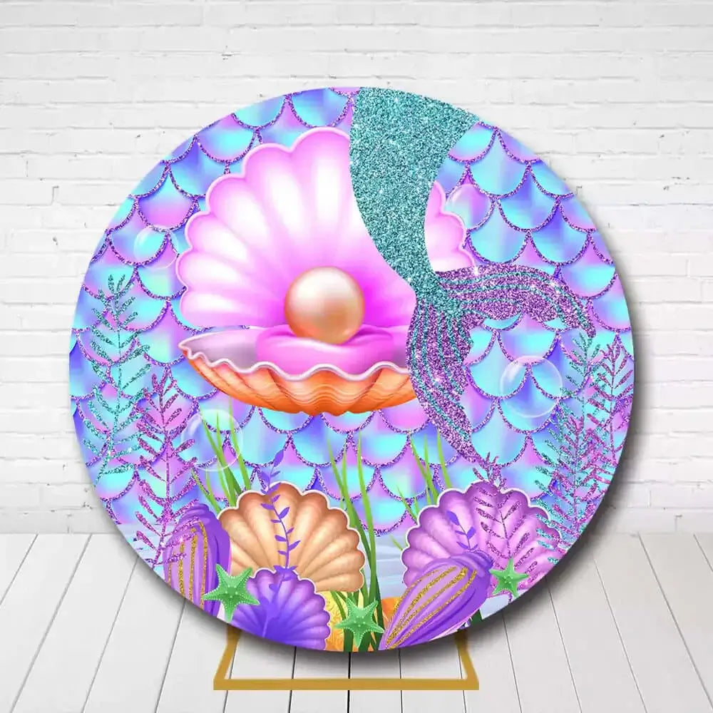 Under the sea circle backdrop featuring seashells, pearl, and mermaid princess theme