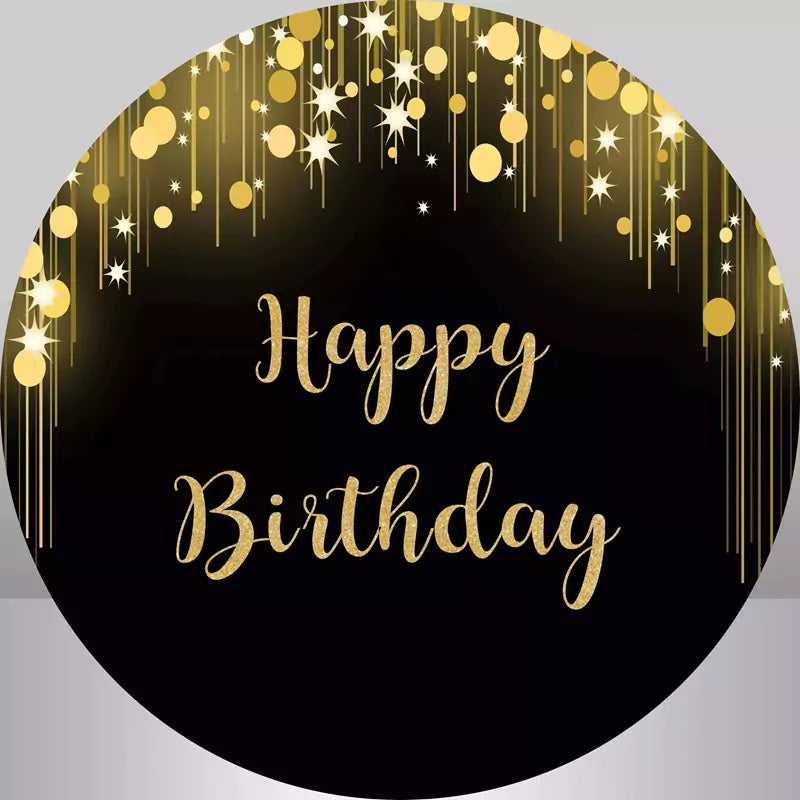 Elegant black circle backdrop with golden stars and Happy Birthday text