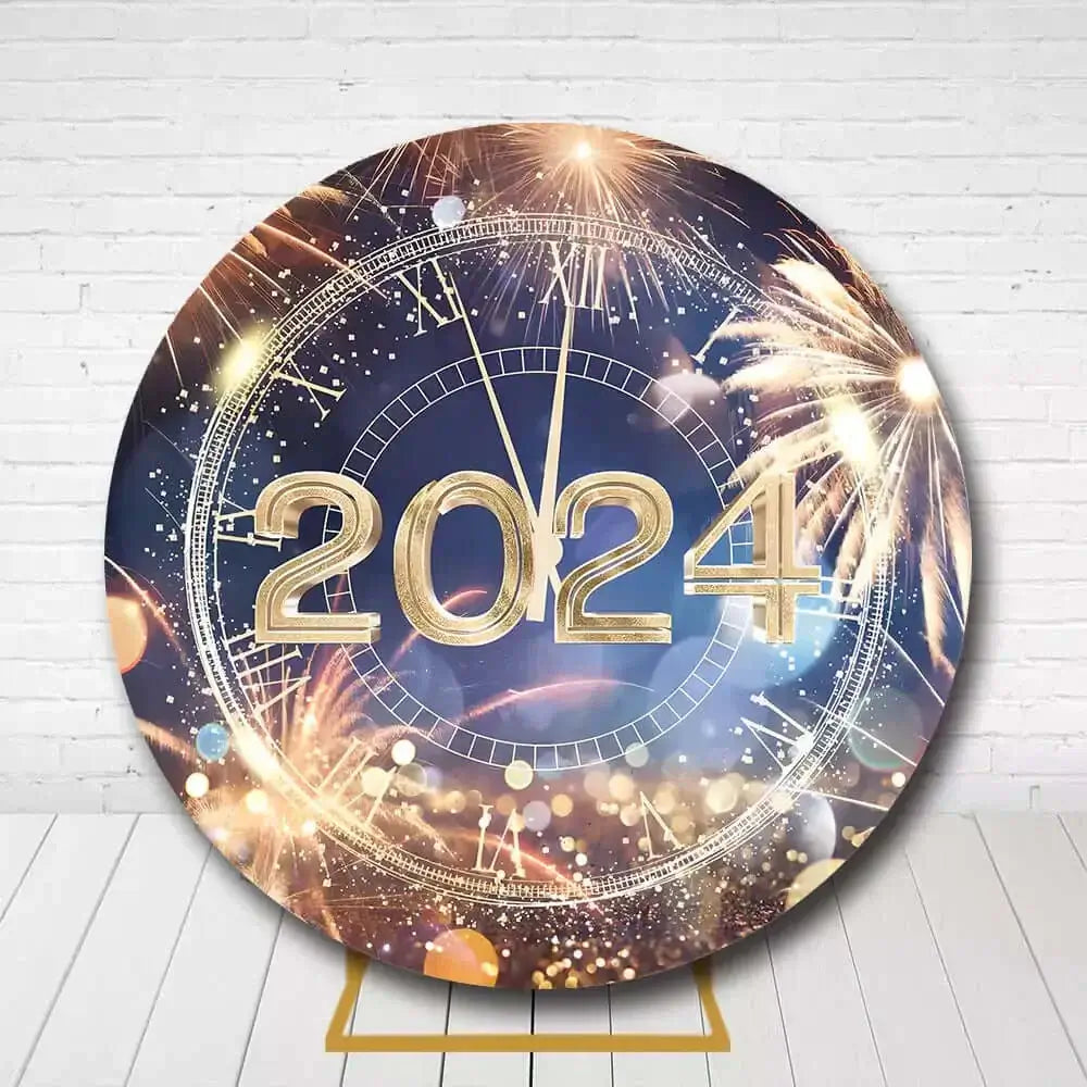 Elegant 2024 round backdrop with fireworks and gold numbers for celebration