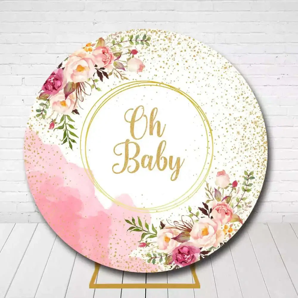 Circle baby shower backdrop with watercolor flowers and gold Oh Baby text