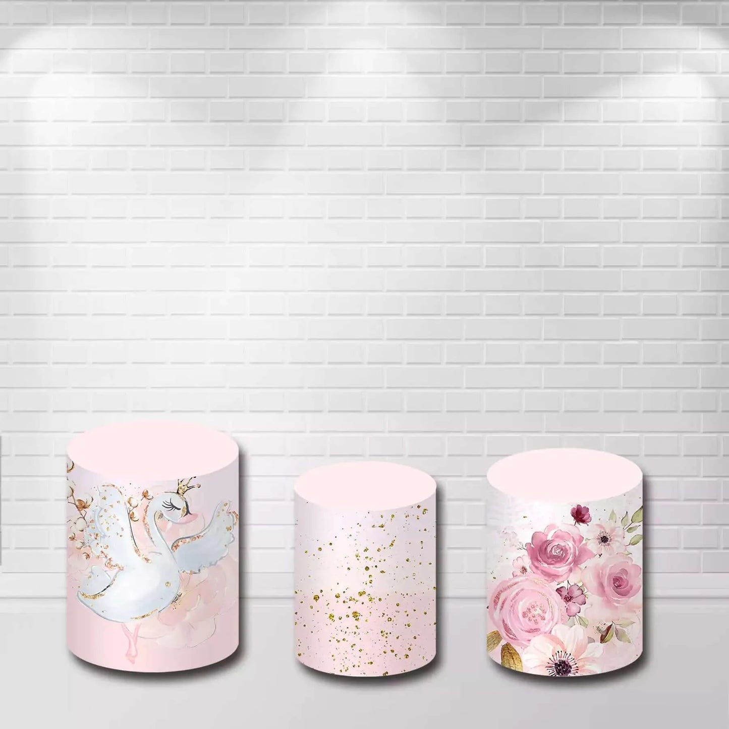 Gold Glitter Pink Flowers Swan Plinth Covers