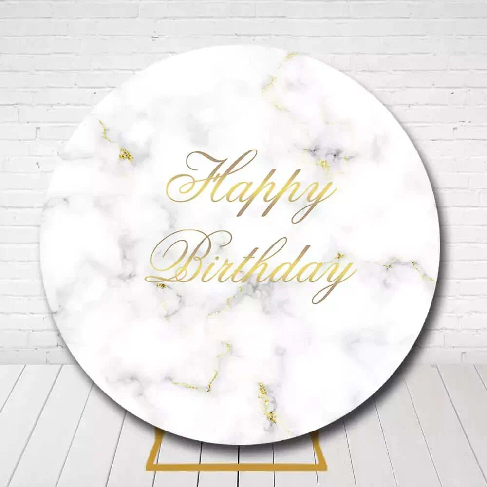 Elegant marble circle backdrop with gold lettering for birthday celebrations