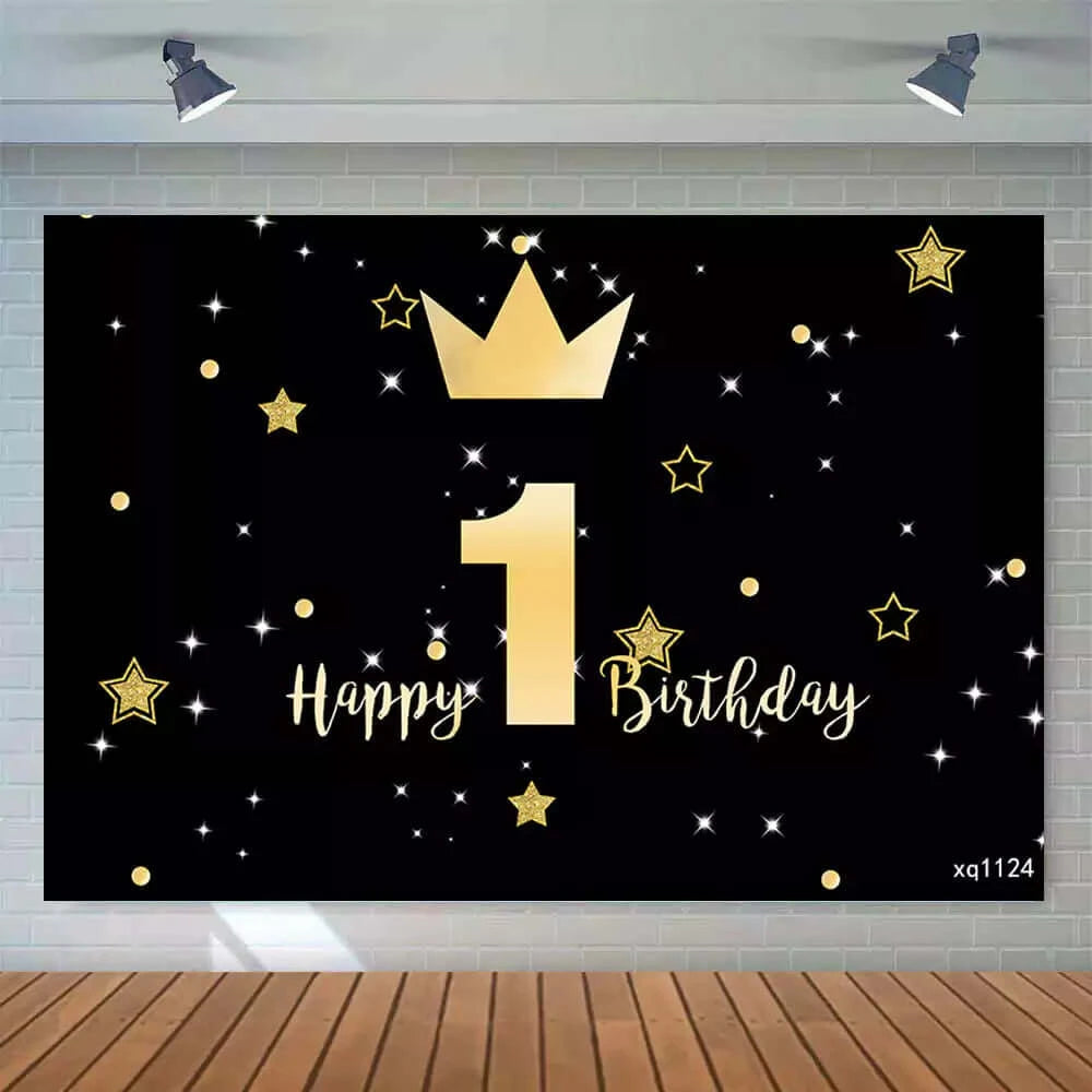 Black Starry Sky Gold Litter Stars Crown Kids 1st Birthday Party Photography Backdrop