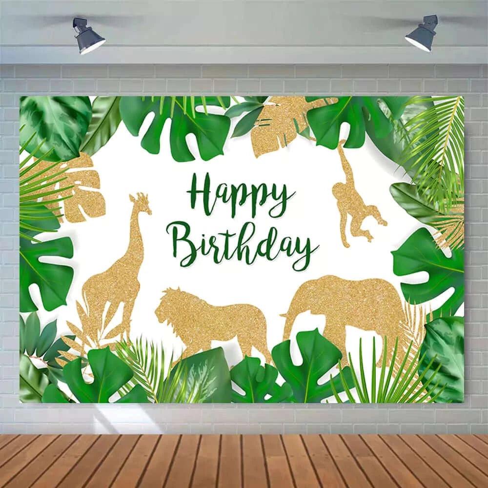 Green Leaves Gold Glitter Animals Forest Safari Jungle Party Backdrop