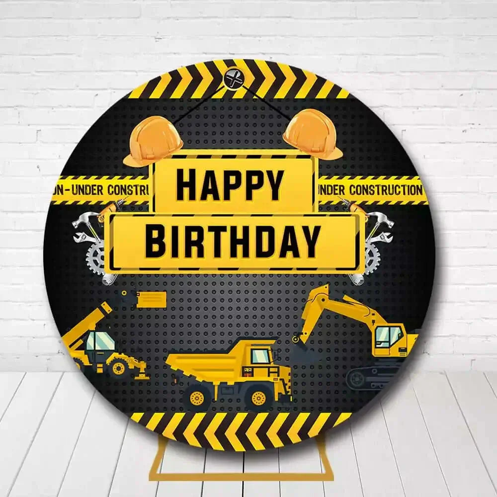 Construction theme circle backdrop with construction vehicles and "Happy Birthday" text