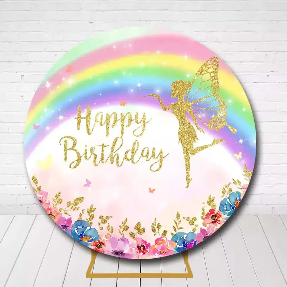 Fairy birthday round backdrop with glitter wings and rainbow design