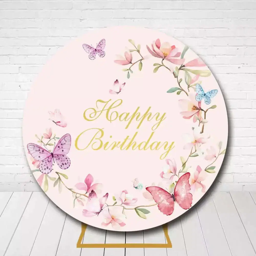 Elegant butterfly floral birthday backdrop featuring pink flowers, butterflies, and golden "Happy Birthday" text