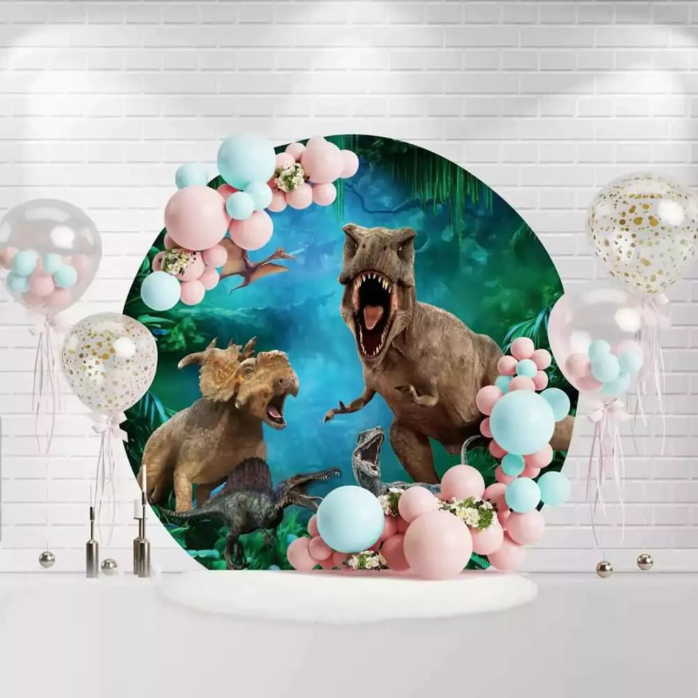 Round dinosaur backdrop with T-Rex, Triceratops, Velociraptors, and Pterosaurs in jungle