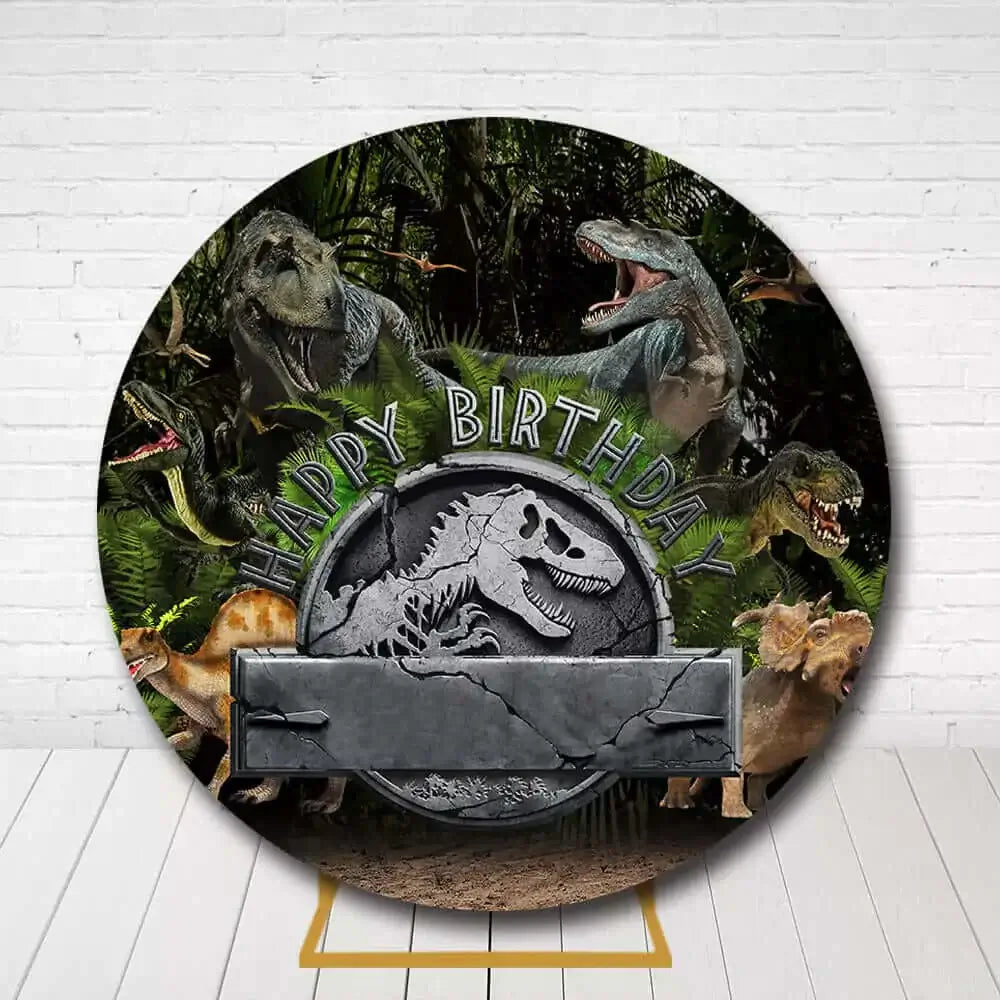 Jurassic style circle backdrop featuring dinosaurs and stone emblem for kids party