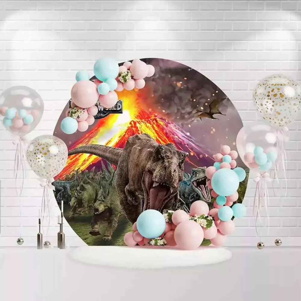 Round Jurassic World backdrop with T-Rex, Velociraptors, volcano, and flying dinosaurs