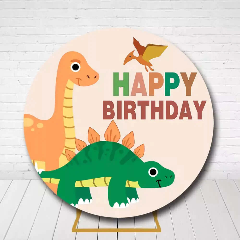 Children's birthday party circle backdrop with friendly dinosaurs and birthday greeting