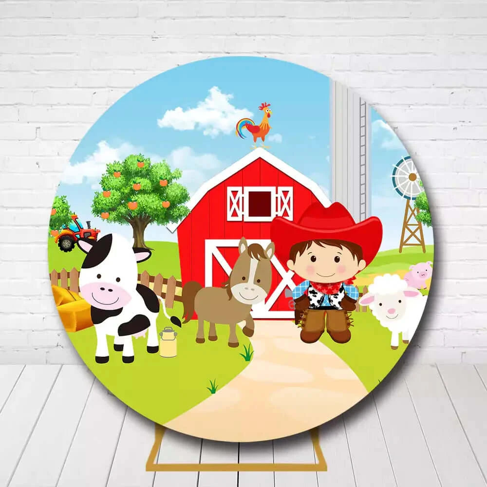 Farm animal circle backdrop featuring a cowboy, horse, sheep, and cow for kids party