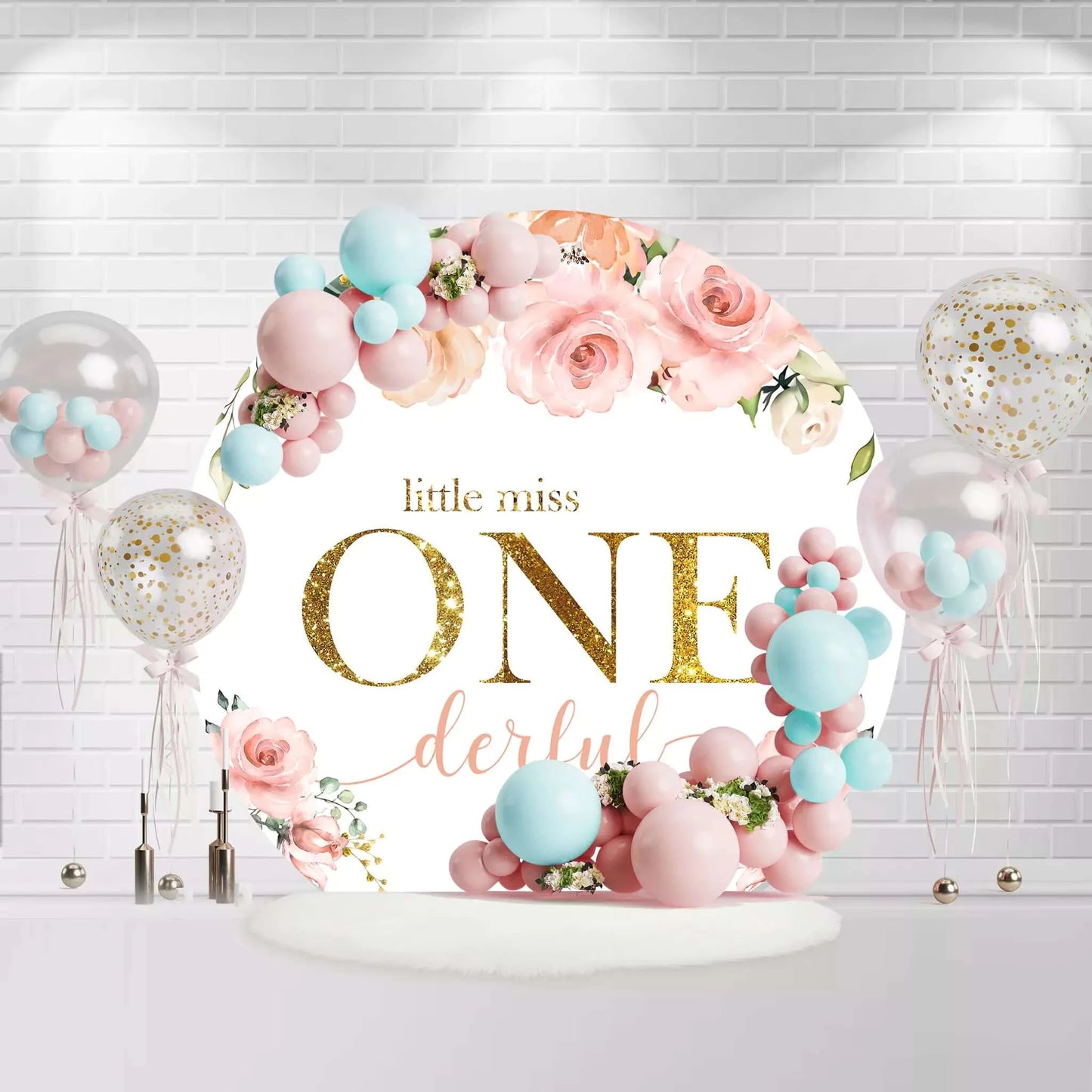 Round floral backdrop with pink roses and Little Miss ONEderful text for first birthday party