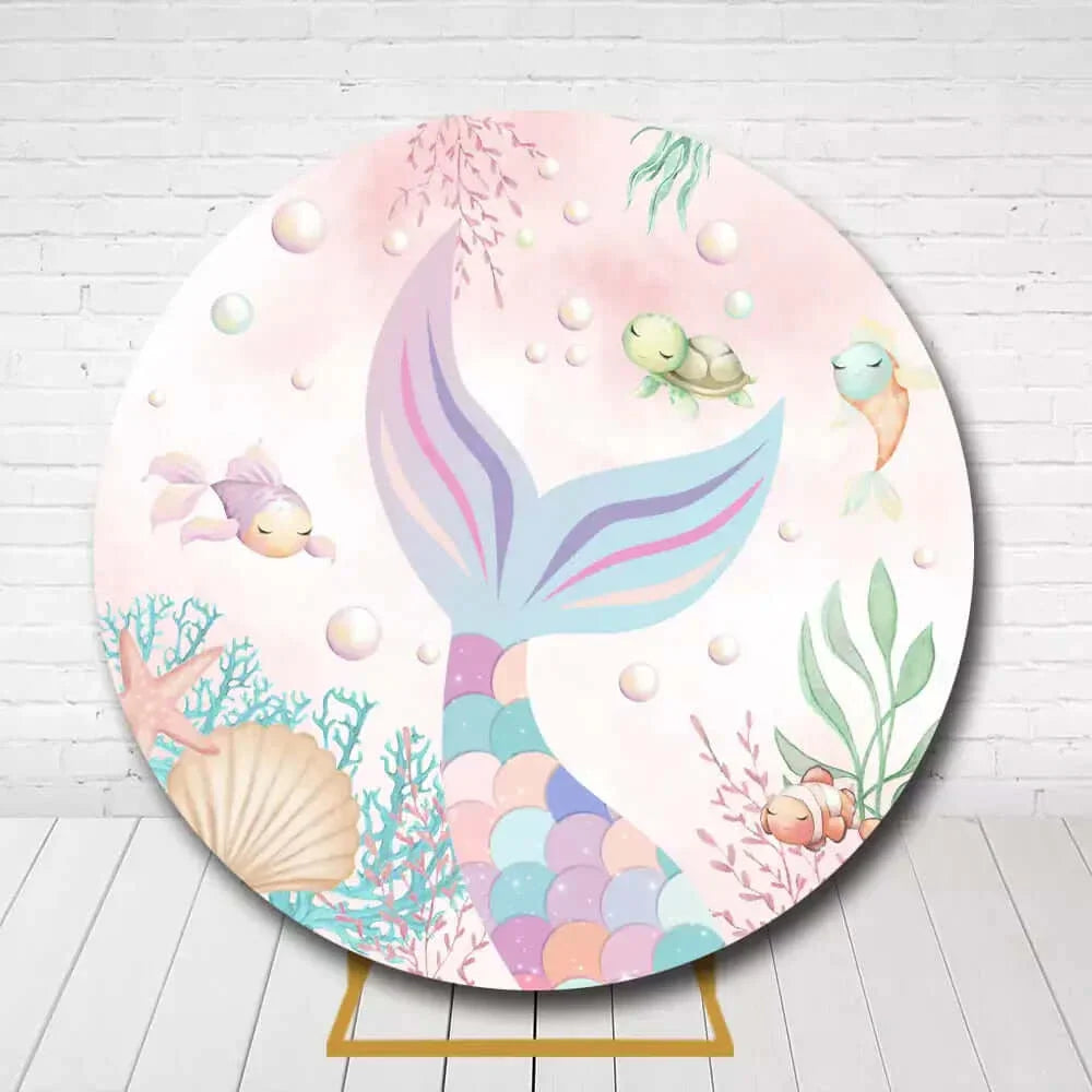 Underwater mermaid birthday backdrop with a tail, coral, and ocean animals like fish and turtles