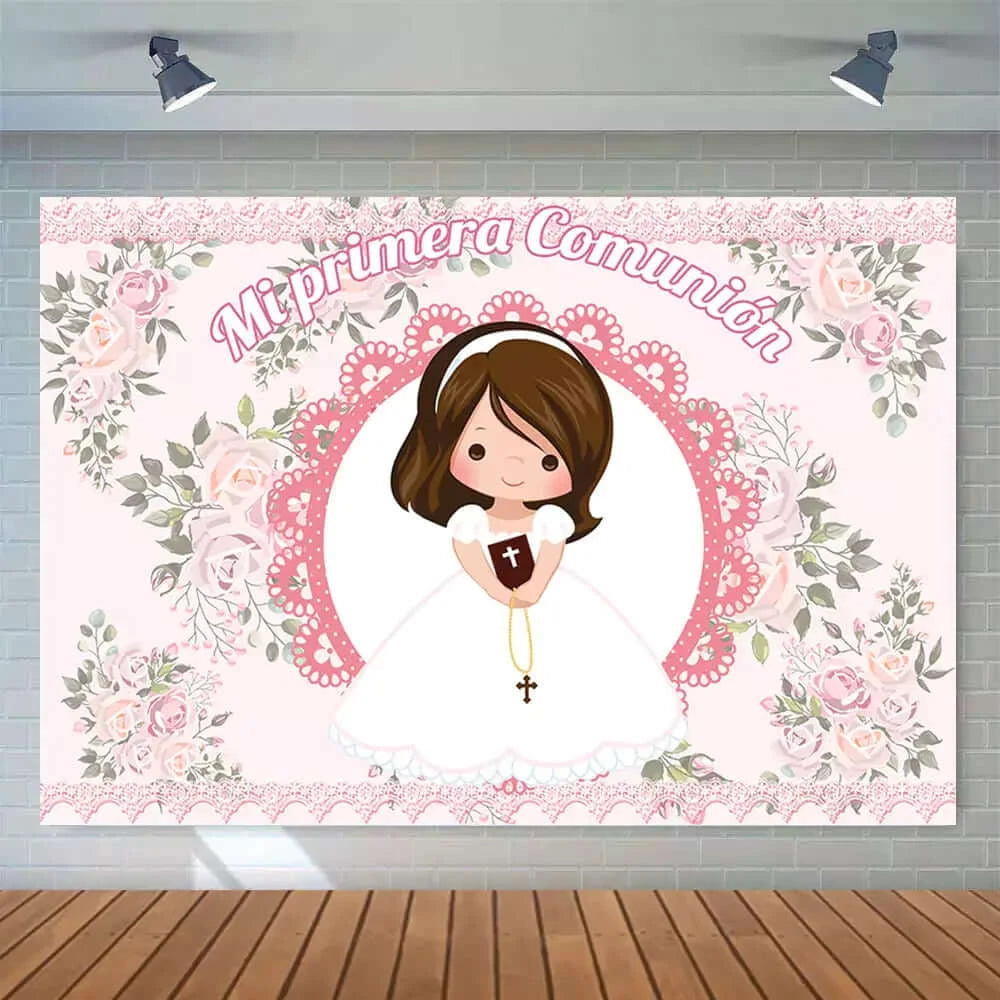Pink Flowers Girls Baptism Mi Primera Comunión Photography Background