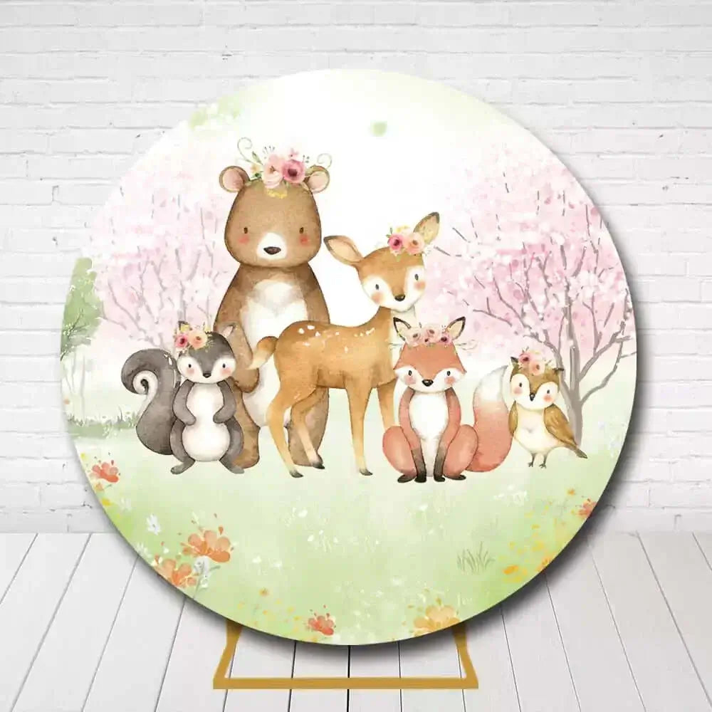 Nature-themed party backdrop with forest animals including bear, fox, and deer wearing flower crowns
