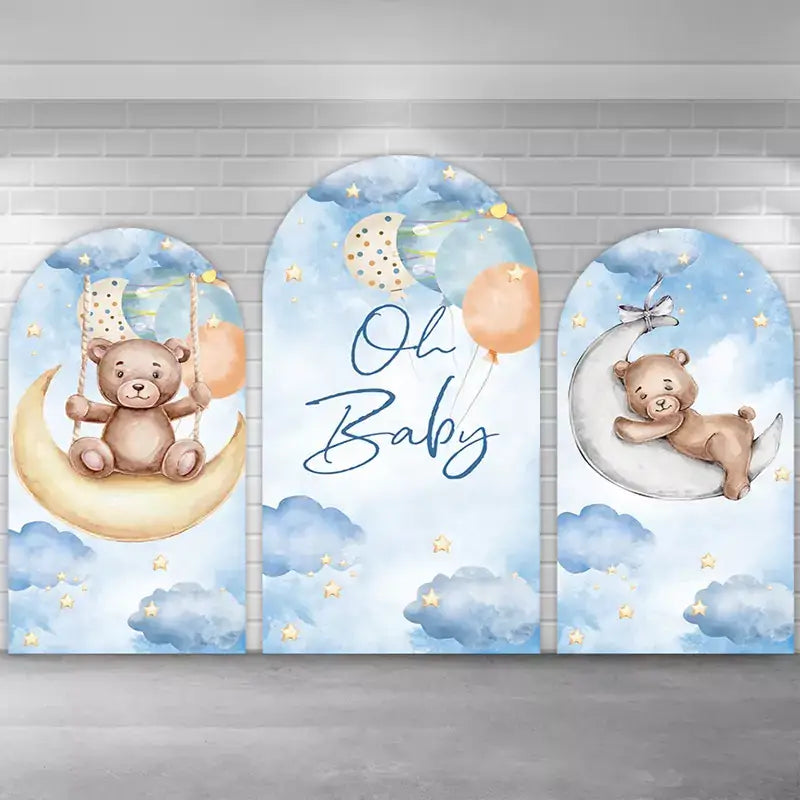 Dreamy baby shower arch trio with soft blue skies, tiny golden stars, pastel balloons, and adorable teddy bears resting on moon swings—perfect for a gentle, whimsical celebration.