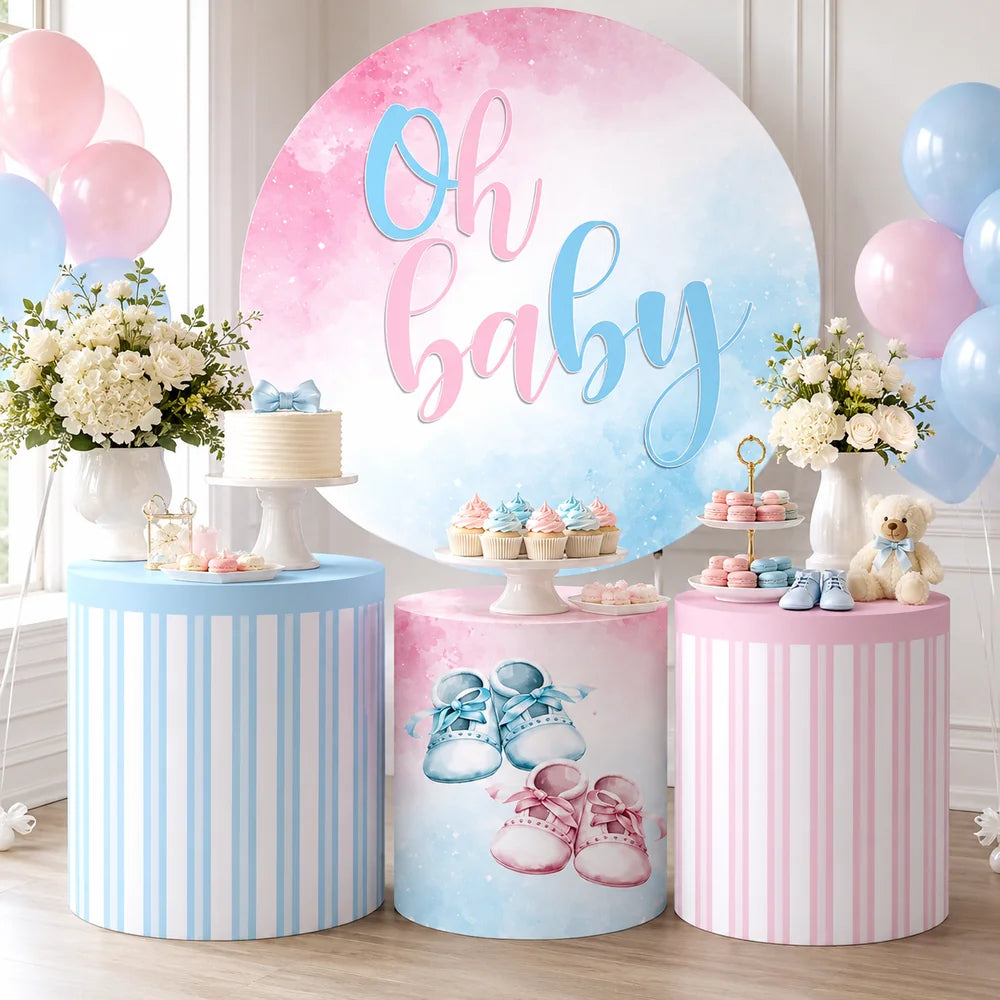 Pink and blue Oh Baby party set with one round watercolor backdrop and three matching cylinder covers featuring striped patterns and baby shoe designs.