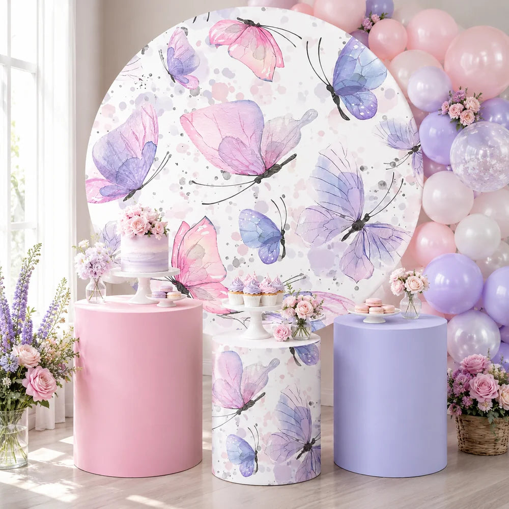 Pastel butterfly party set with one round backdrop and three matching cylinder covers featuring pink, lavender and watercolor butterfly designs.