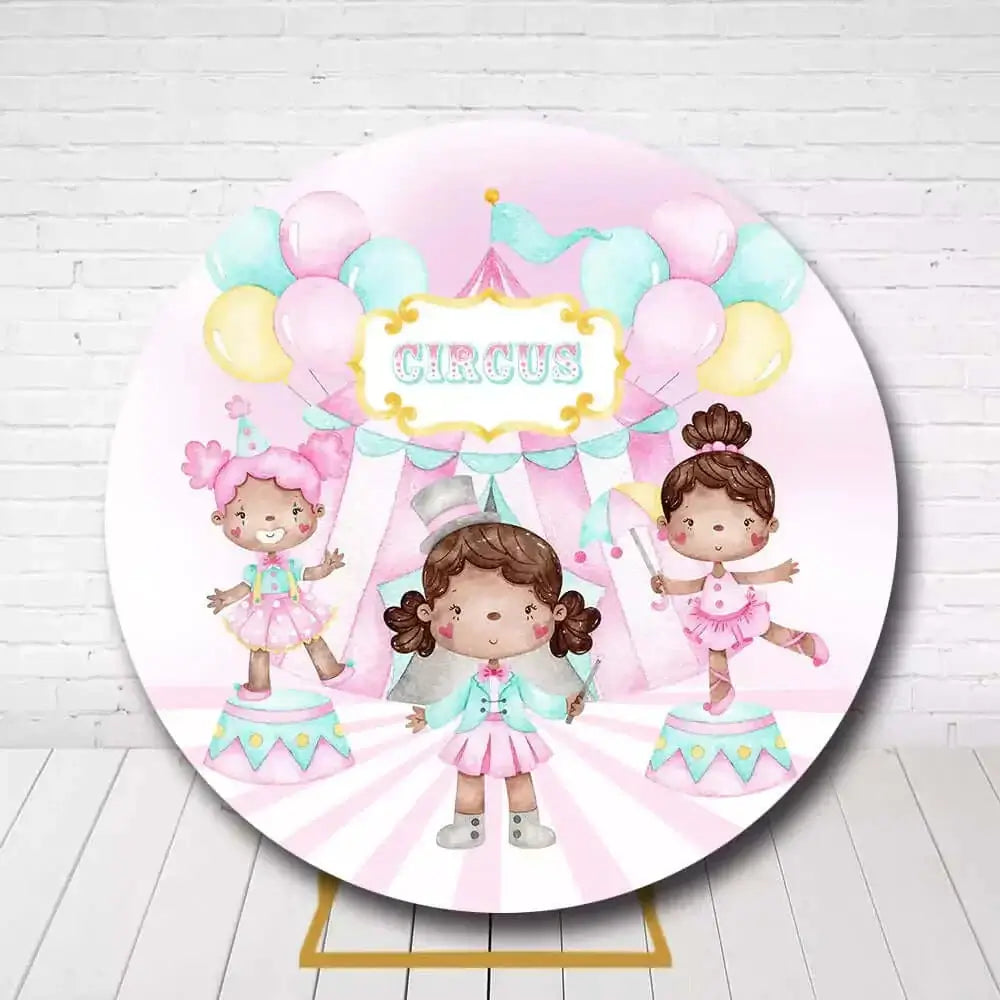 Cute circus circle backdrop featuring ballerina and clown girls with big top tent