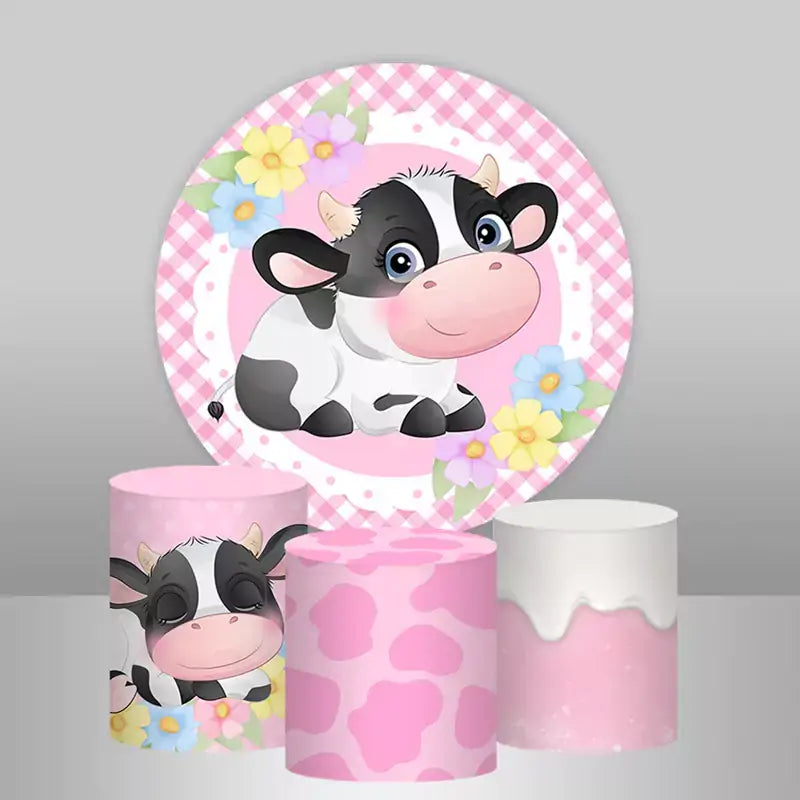 Pink cow birthday backdrop with matching cylinder covers for girl farm party decoration