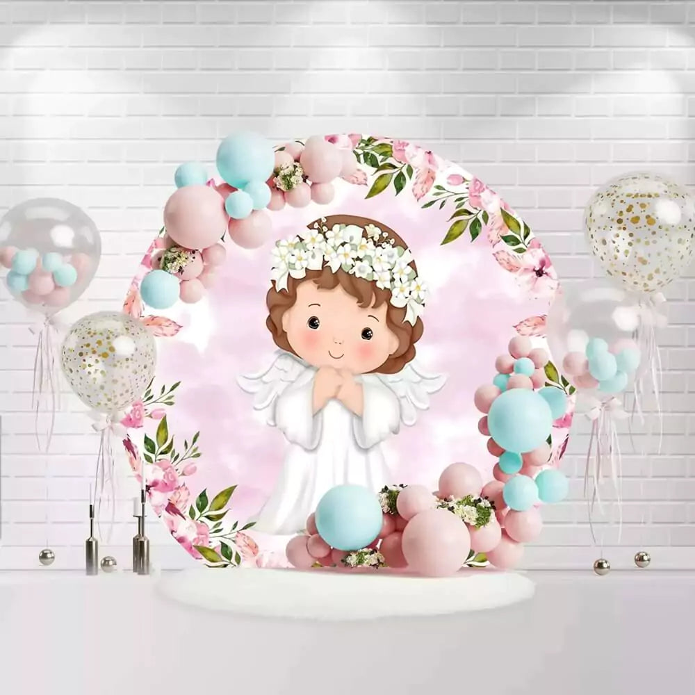 Circle communion backdrop featuring little angel illustration with flower crown