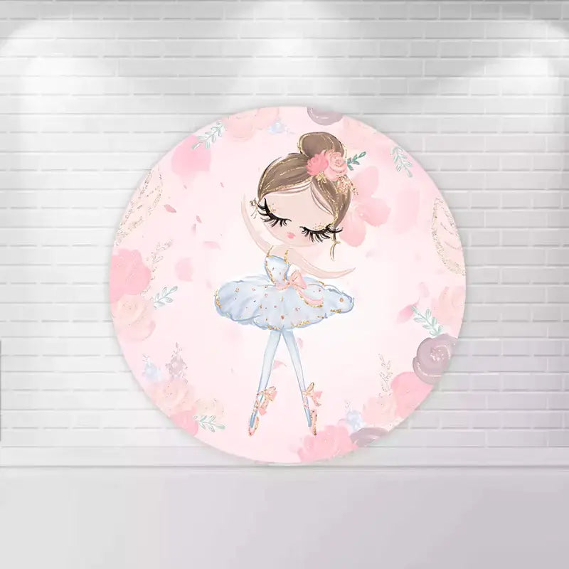 Round backdrop featuring a ballerina in a blue tutu with a pink floral background.