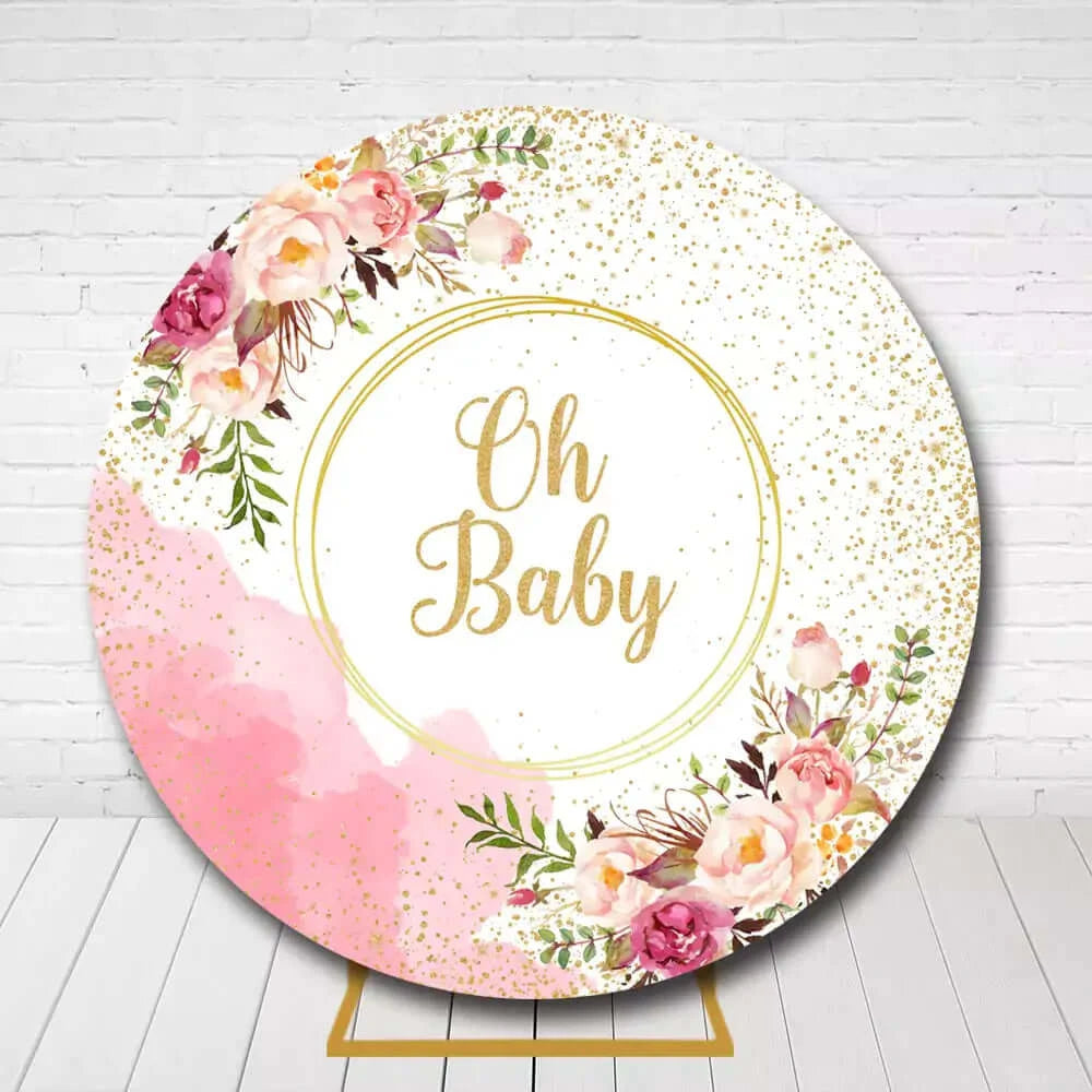 Pink Flowers Gold Glitter Girls Newborn 1st Birthday Party Circle Background
