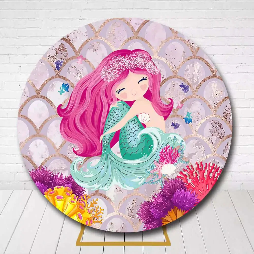 Cartoon mermaid party background for kids birthday with seashell and ocean details