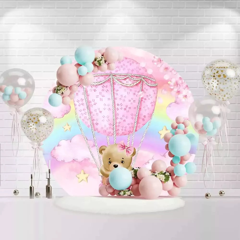 Pink hot air balloon backdrop with teddy bear and rainbow for baby shower decoration