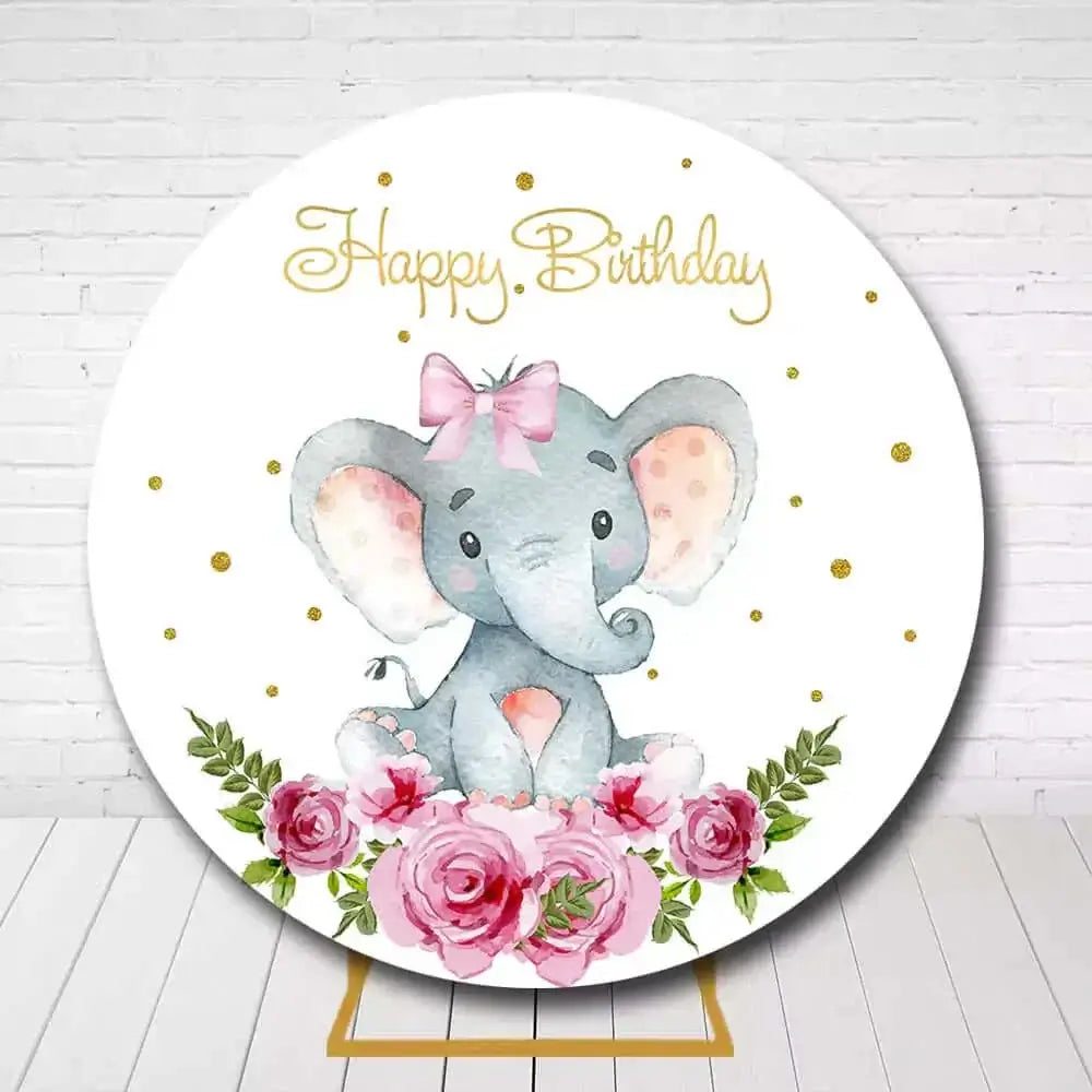 Happy Birthday elephant round backdrop with floral design and gold glitter accents
