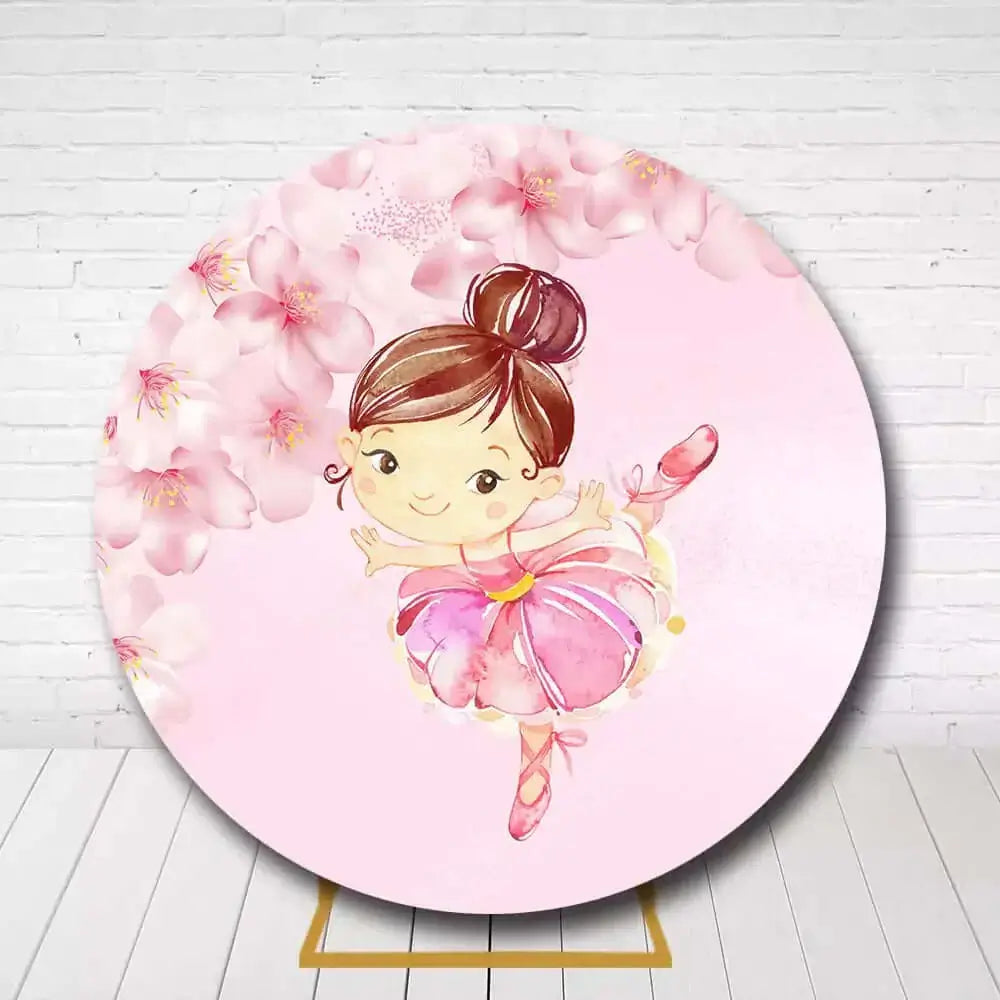 Pink ballet circle backdrop featuring dancer illustration for birthday party decoration
