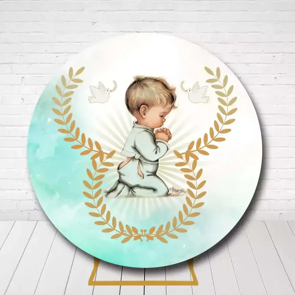 Round baptism backdrop with praying boy, golden laurel leaves, and doves