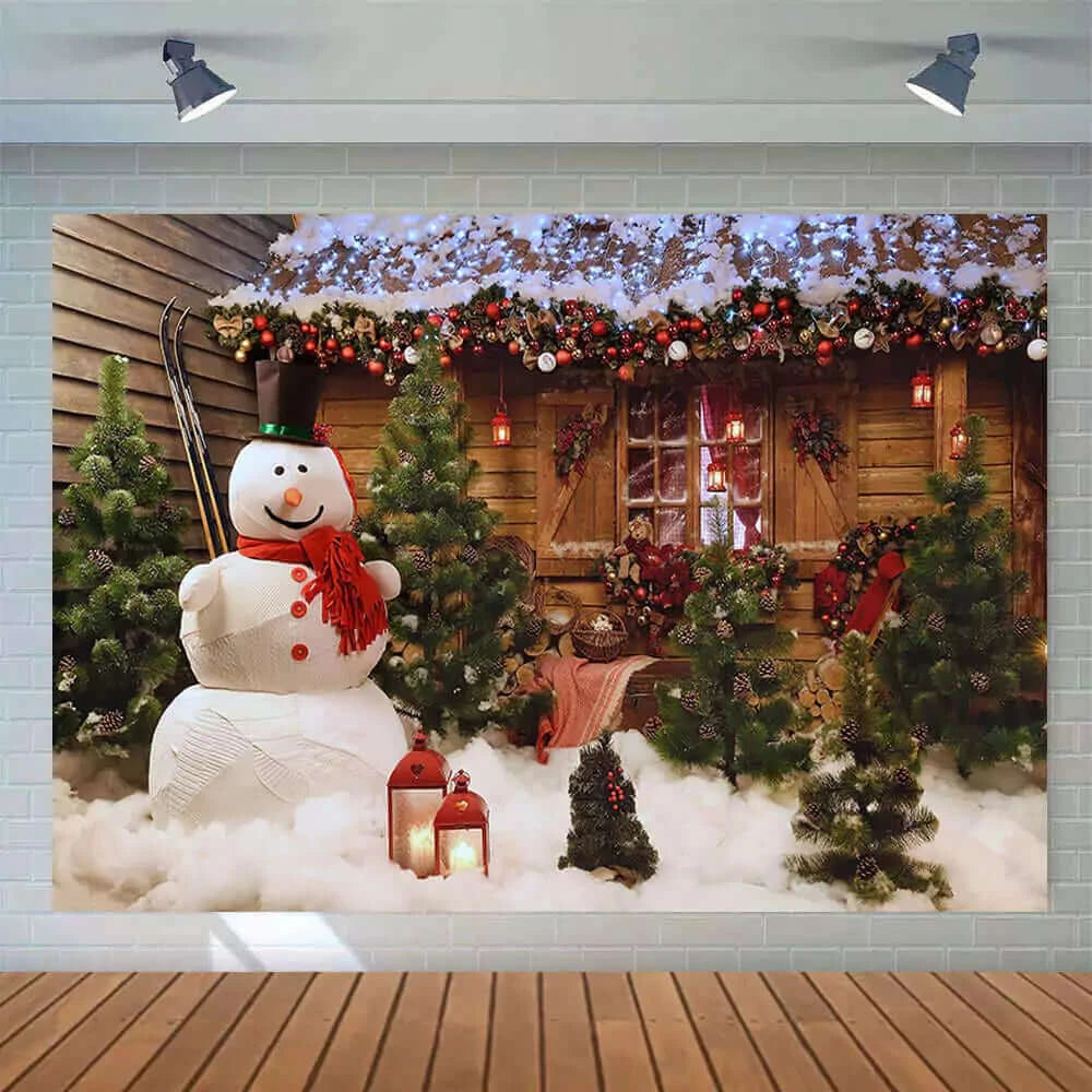 Red White Snow Green Christmas Tree House Decoration Party Background