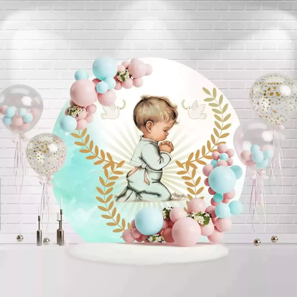 Elegant round backdrop with kneeling boy illustration for communion or christening