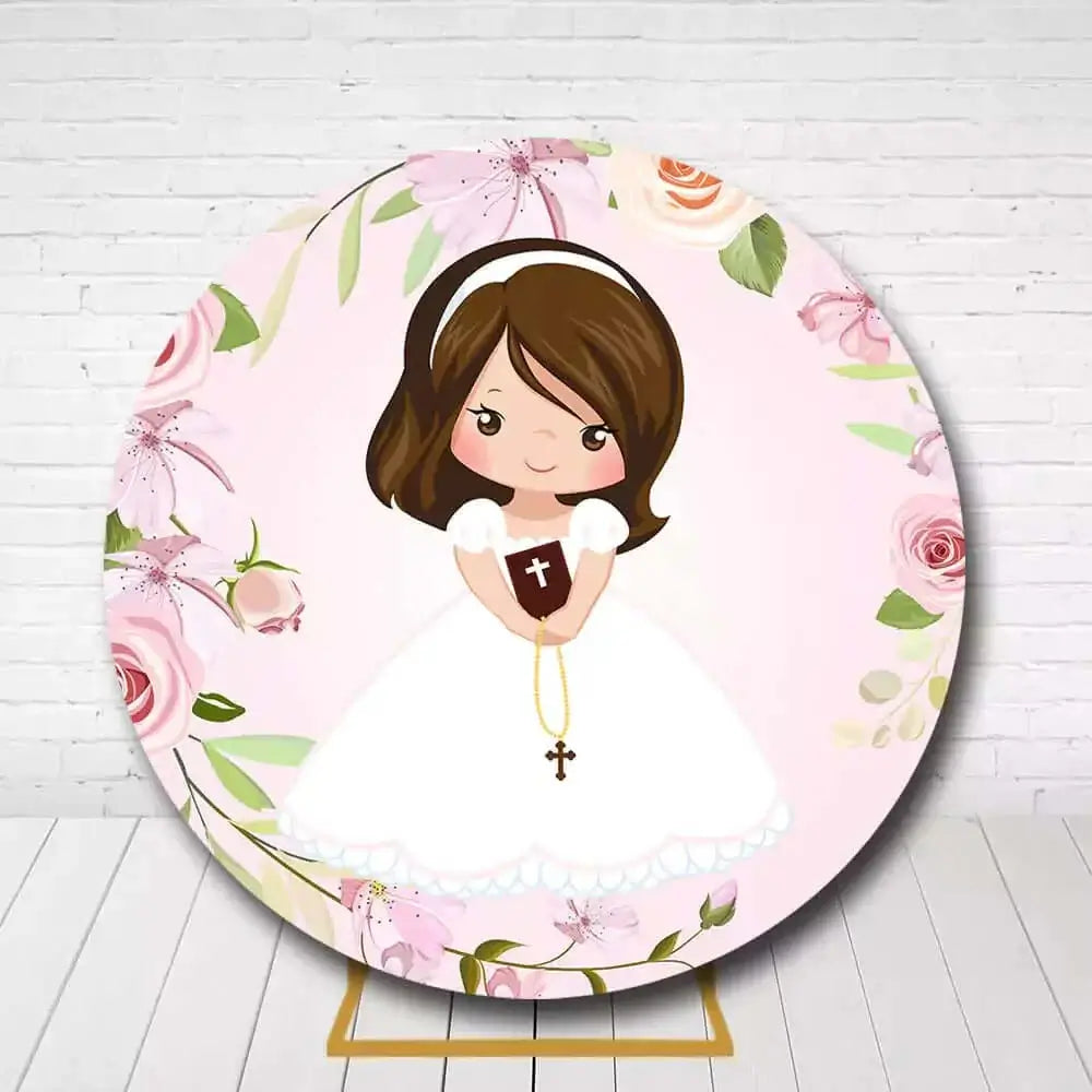 Floral circle backdrop featuring communion girl illustration with cross and pink flowers