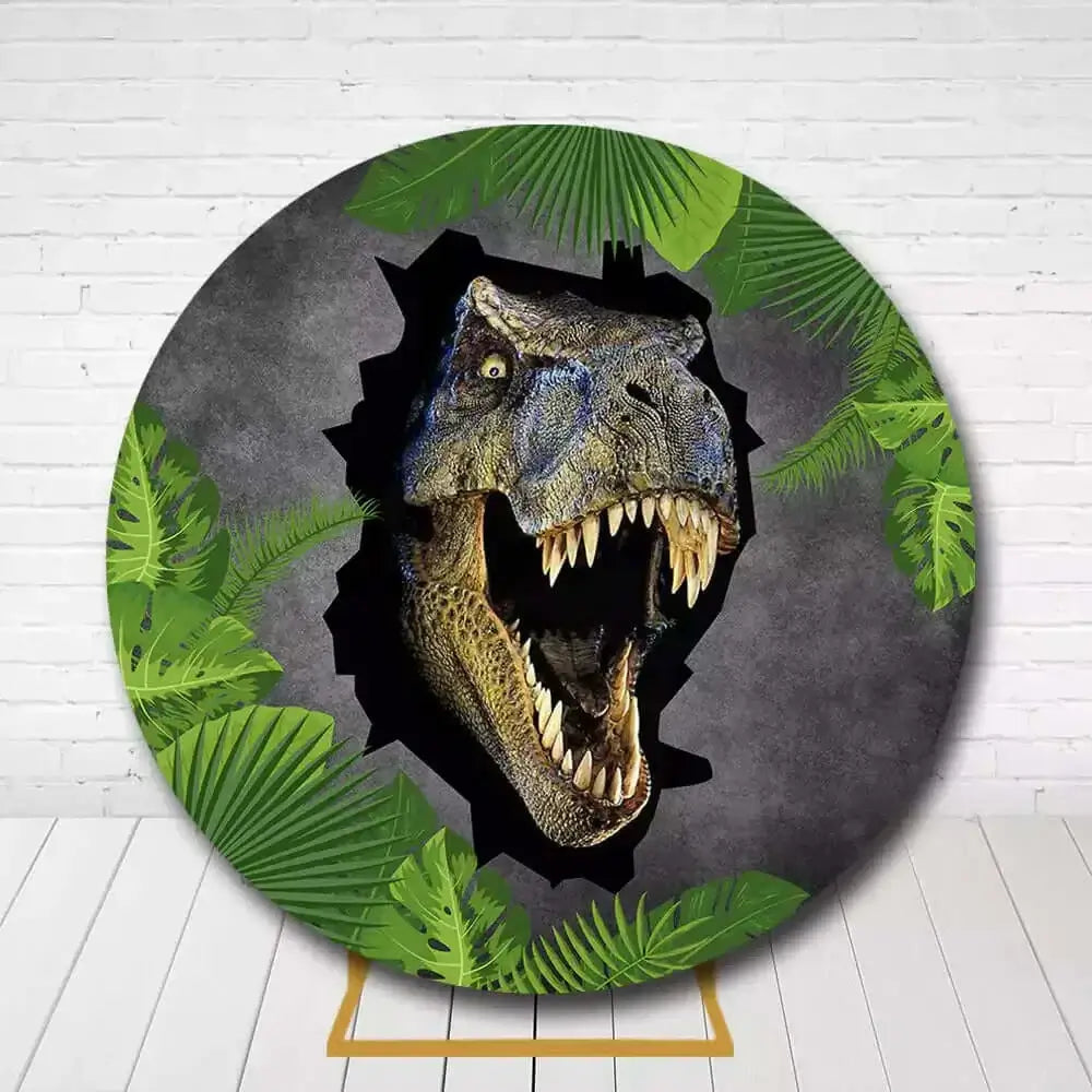 Circle party backdrop featuring fierce T-Rex head design with green tropical leaves