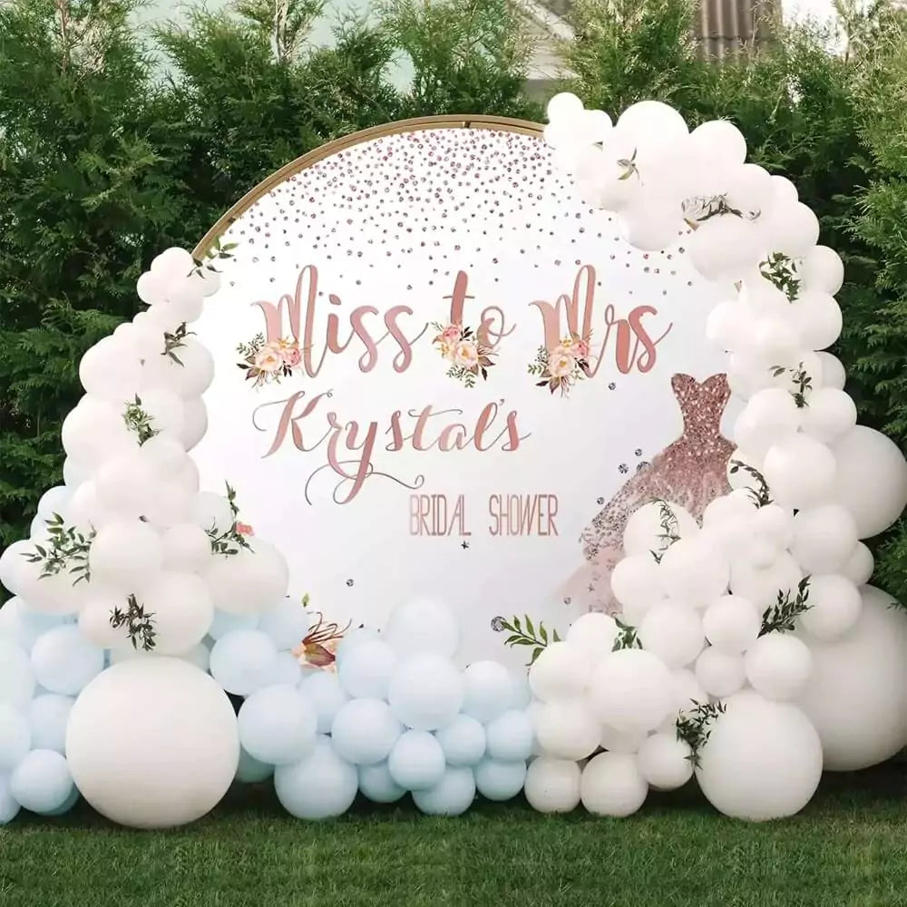 Customizable Miss to Mrs bridal shower backdrop in rose gold with flowers and glitter effect