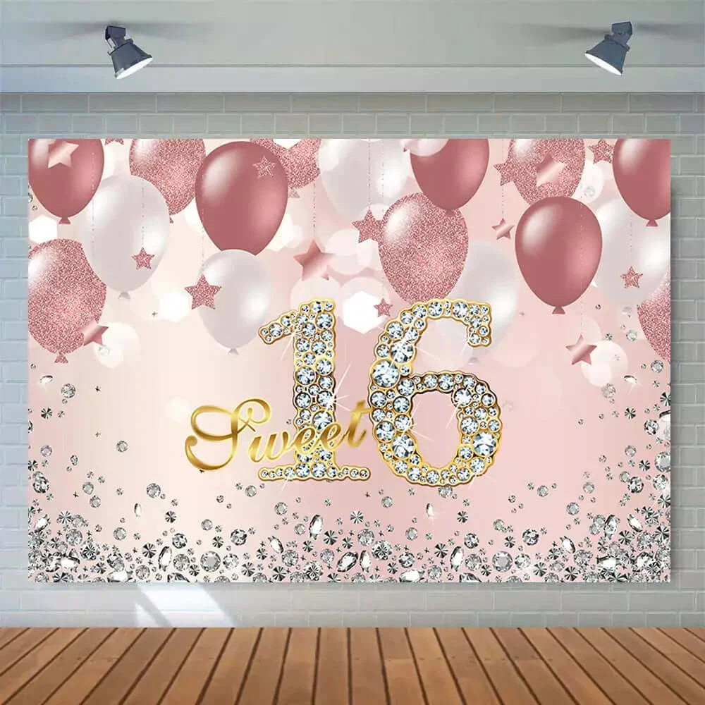 Balloons Diamond Rose Gold Sweet 16 Backdrop