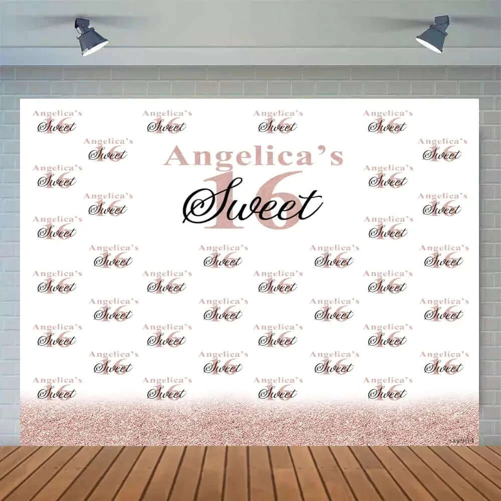 Rose Gold White Repeat and Stepped Glitter Girls Sweet 16 Birthday Party Backdrop