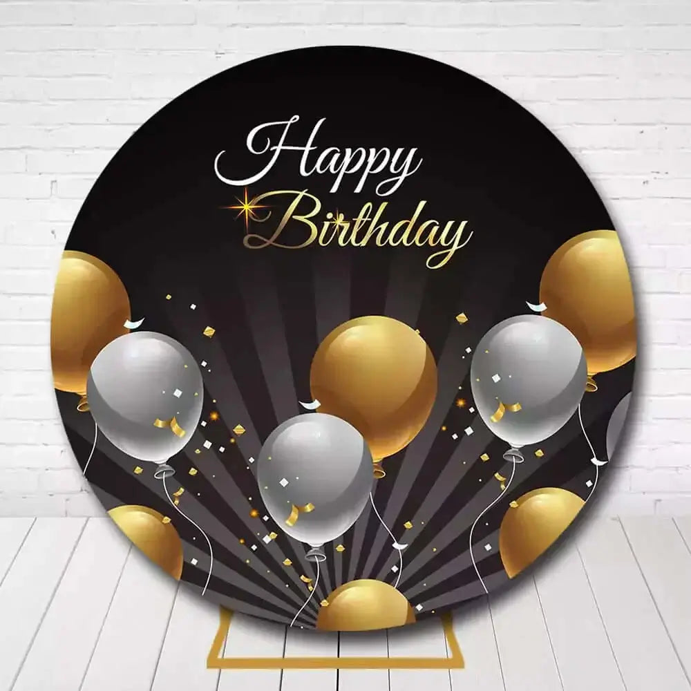 Happy Birthday party round backdrop featuring gold and silver balloons