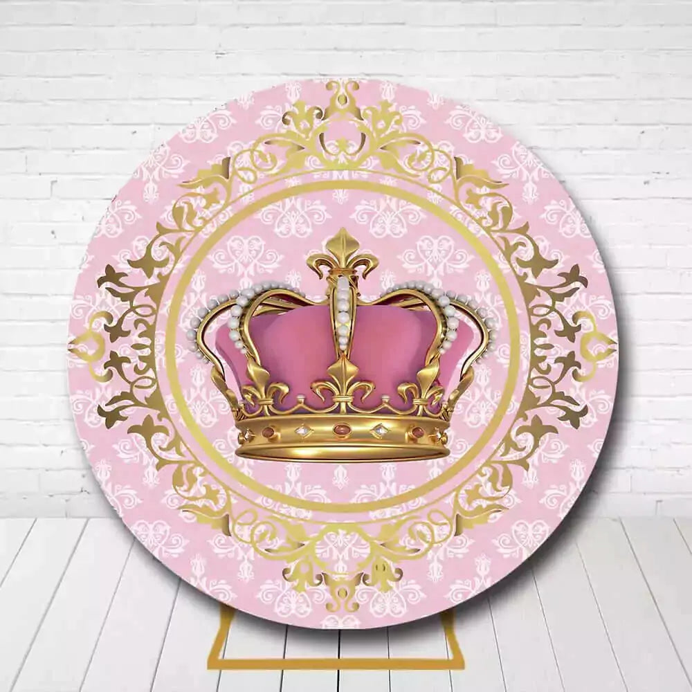 Elegant royal theme circle backdrop featuring golden crown on pink pattern