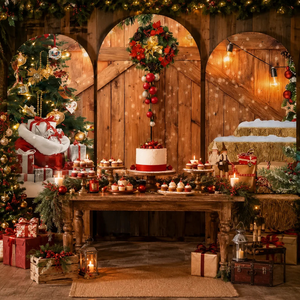 Rustic Christmas party set with three arch backdrop covers featuring a decorated Christmas tree, wooden barn doors with a festive wreath, hay bales, gifts and warm holiday lights.