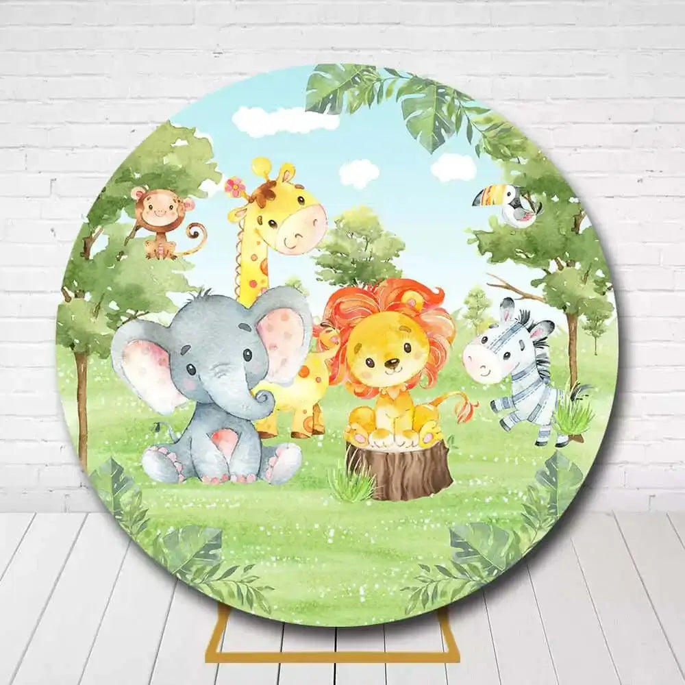 Safari animals circle backdrop with cartoon lion, elephant, and giraffe for baby shower and birthday