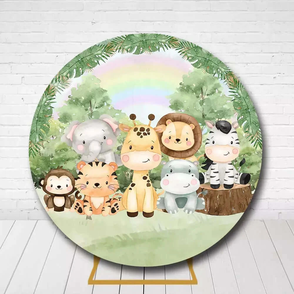 Jungle animals round backdrop with greenery and rainbow for baby shower or birthday