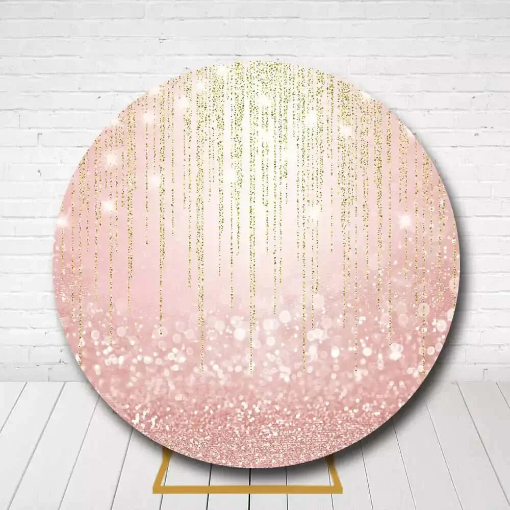 Glittering pink circle backdrop with gold sparkle details for elegant celebrations